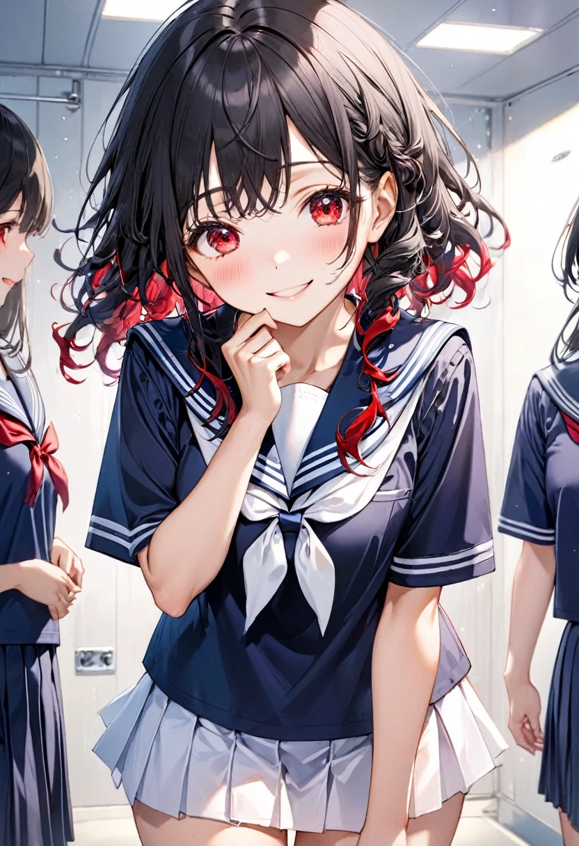 (japanese festival style) (15 yo, curly:1.3 black hair long hair cute girl, ecstasy red eyes, ecstasy:1.3 smile), (in a summer school sailor suit, skirt), (standing, Hands to mouth), break, (in the festival Changing Room), BREAK, perfect anatomy, masterpiece, best quality, 16k, beautiful detailed grow, daydreaming expression.