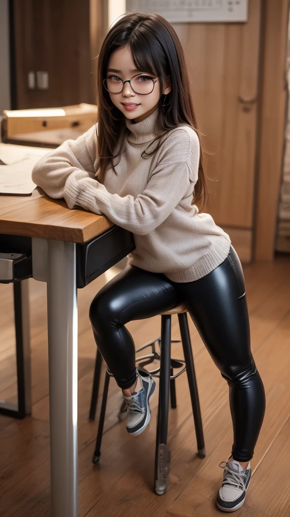 agressive girl, grinning, cute glasses, rear, (((sitting at desk, comfy sweater, shiny plastic pants, ))) thick calves, textured pants, 