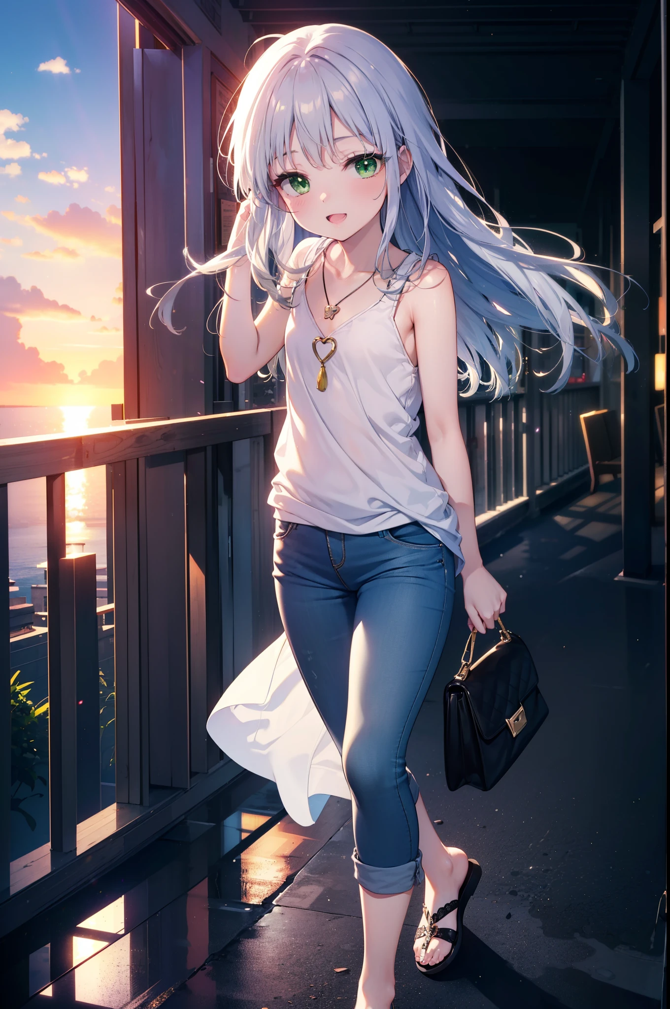 index, index, (Green Eyes:1.5), Silver Hair, Long Hair, (Flat Chest:1.2)happy smile, smile, Open your mouth,v neck tank top shirt,Skinny jeans,Cute Sandals,Rocket Pendant,Walking,Sunset,evening,The sun is setting,whole bodyがイラストに入るように,
break looking at viewer, whole body,
break outdoors, Building district,
break (masterpiece:1.2), Highest quality, High resolution, unity 8k wallpaper, (figure:0.8), (Beautiful attention to detail:1.6), Highly detailed face, Perfect lighting, Highly detailed CG, (Perfect hands, Perfect Anatomy),