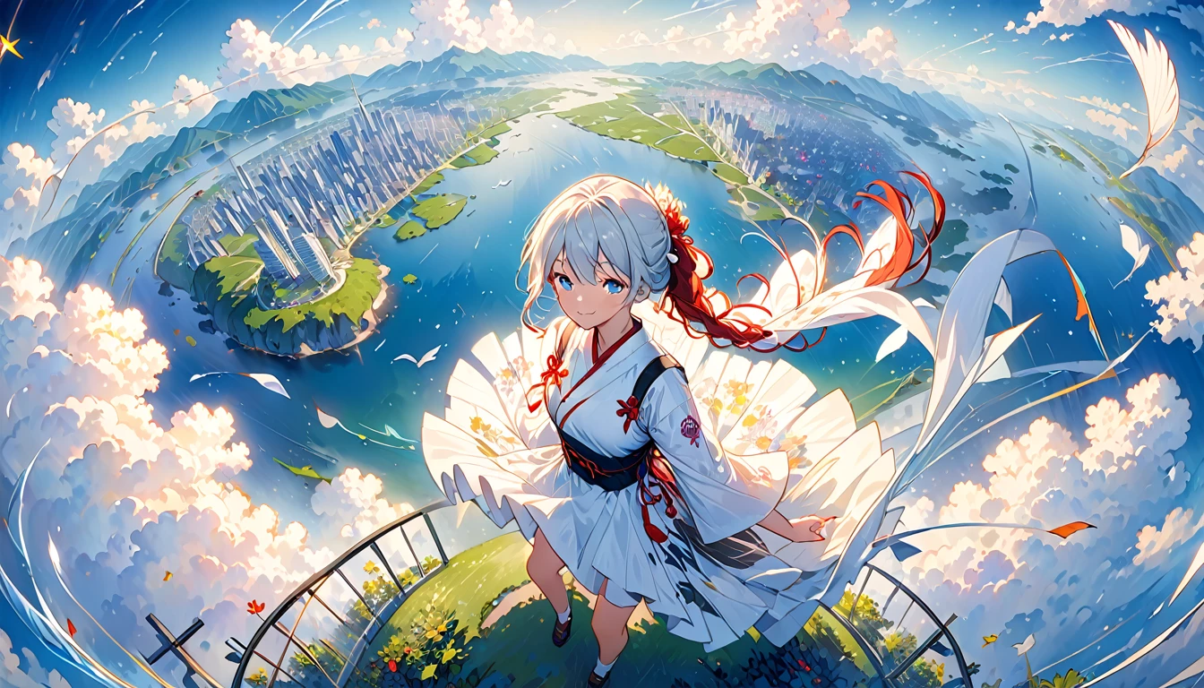 [(White background:1.5)、::5]、masterpiece、Highest quality、Official Art、An illustration、Ligne Claire、(dream-like)、(colorful:1.3)、Perfect composition、Absurd、Intricate details、Fantasy、focus、(At high pressure)、I can't see the ground、(Above the Clouds:1.4)、(Finely detailed modern lost_city:1.3)、(Above the Cloudsにそびえ立つlost_city:1.2)、narrative poem、(focus_girl:1.4)、(Girl on top of the city of broken bridges)、 Three-part method、white_Jacket and white_shirt,black_beltskirt,very_long_hair,beside,Light blue hair,overhead_viewer,The wind blows to the viewer,side_face,(The ground is starry_sky),smile,Sitting,(depth_of_field),Shiina Mahiru,Eyes