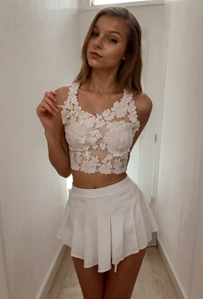 (masterpiece, best quality:1.2), 1girl, solo, ,  selfie, wearing white short tennis skirt