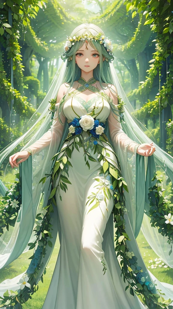 The Nature Goddess embodies serene beauty and harmony. She has flowing hair adorned with flowers, leaves, and vines. Her gown, woven from delicate petals and greenery, blends seamlessly with her surroundings. Radiating a gentle glow, her eyes reflect the wisdom of the earth. She stands amidst blooming flora and fauna, symbolizing life and renewal.