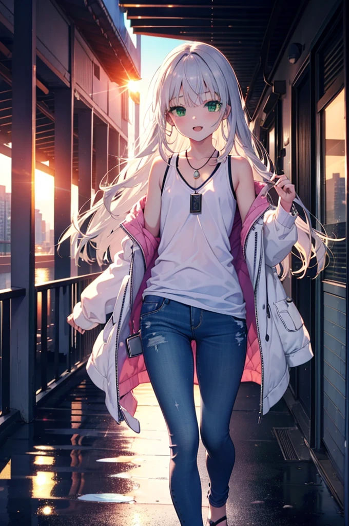 index, index, (Green Eyes:1.5), Silver Hair, Long Hair, (Flat Chest:1.2)happy smile, smile, Open your mouth,v neck tank top shirt,Skinny jeans,Cute Sandals,Rocket Pendant,Walking,Sunset,evening,The sun is setting,whole bodyがイラストに入るように,
break looking at viewer, whole body,
break outdoors, Building district,
break (masterpiece:1.2), Highest quality, High resolution, unity 8k wallpaper, (figure:0.8), (Beautiful attention to detail:1.6), Highly detailed face, Perfect lighting, Highly detailed CG, (Perfect hands, Perfect Anatomy),