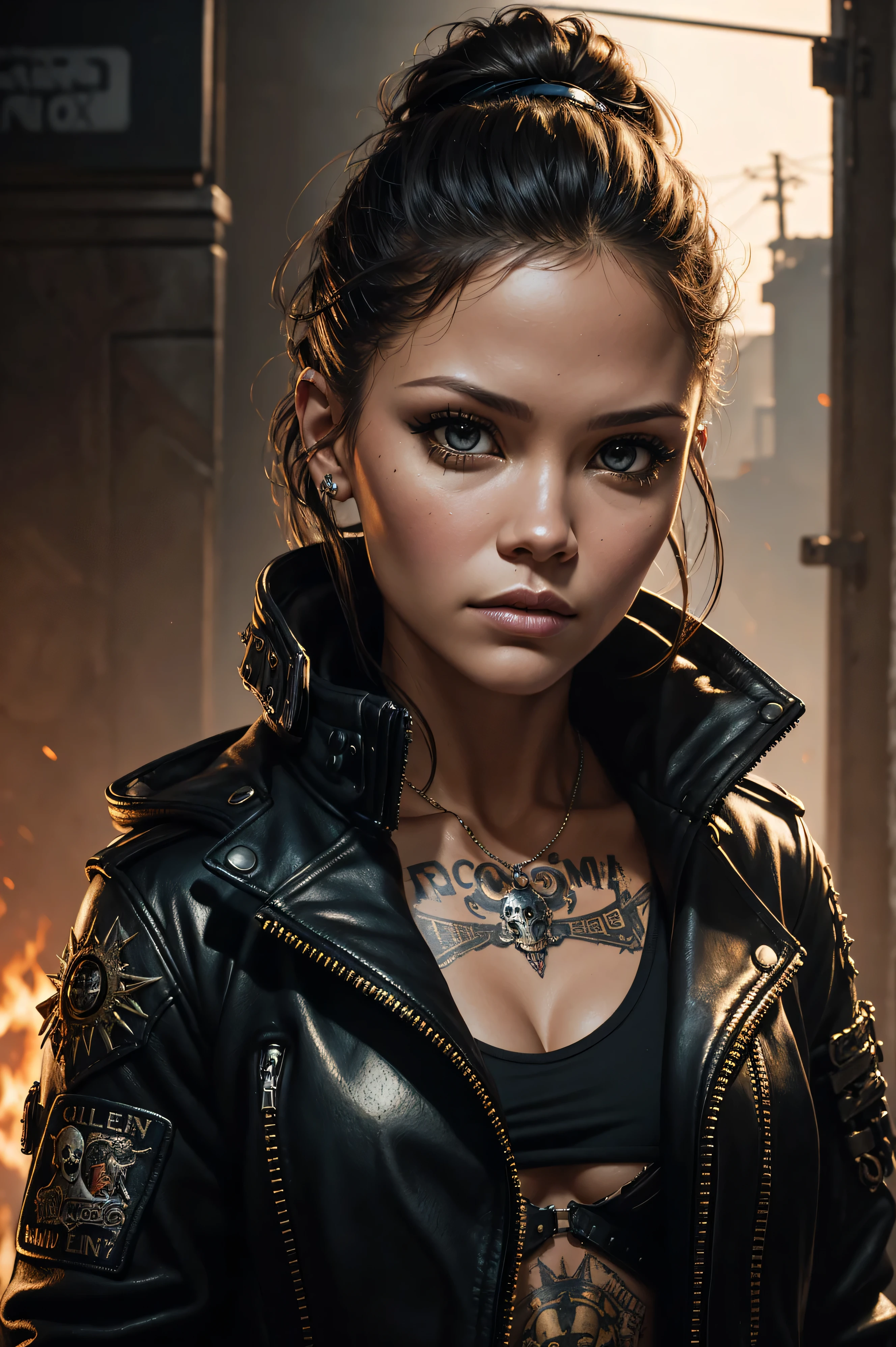 Cute punk scull, 36k, portrait Vanessa Lachey, mad max jacket, renaissance, cables on her body, hyper realistic style, oil painting, fantasy by olga fedorova