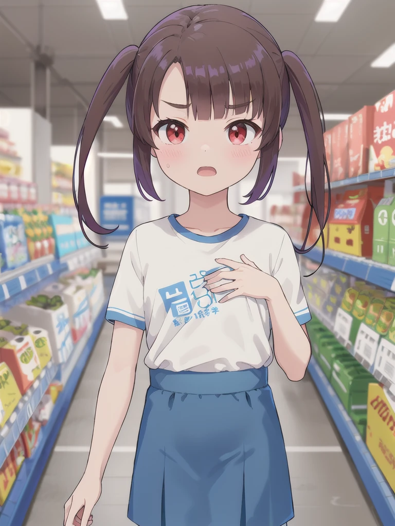 Highest quality,masterpiece,indoor,supermarket,Highest quality, Very detailed, (masterpiece), (illustration),Are standing, (face focus),((upper body)),Red eyes, Shine目,Long twin tails, brown hair, bangs, Shine, eyebrows visible through hair,((Plain white T-shirt)),((Plain blue skirt)), Flat Chest,shy, blush, (looking at viewer), Open your mouth,((shirt lift)),White sports bra, 1boy,(((hetero))),((1boy penis on breast)),((paizuri under clothes))