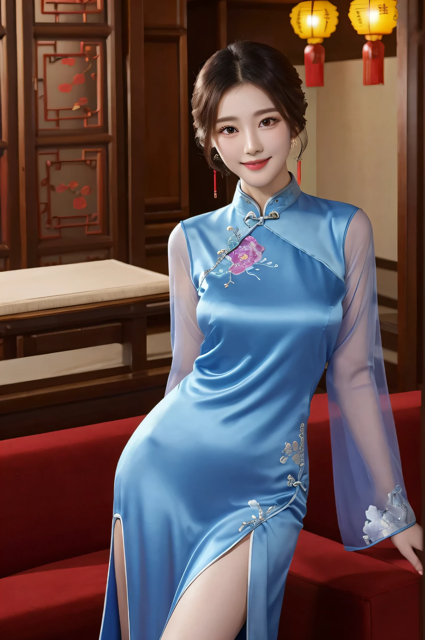 ch30ngs4m_1, best quality, masterpiece, illustration, Practical, photo-Practical, Astonishing, Fine details, Ridiculous, Huge file size, Extremely detailed, high resolution, Extremely detailed CG unity 8k wallpaper, Not suitable for working hours, Sexy, Charming smile,  A young Korean woman, Wearing modified cheongsam, Elegantly situated in a room decorated for the Lunar New Year. This cheongsam is made of blue silk，It is embroidered with silver and lilac flowers. The sleeves are transparent, Skirt front slit，The woman&#39;s hair is tied in a traditional Korean bun, Exquisite facial features，Delicate and real skin，The room is filled with red lanterns and other festive decorations. Soft lighting brings a warm glow to the scene.