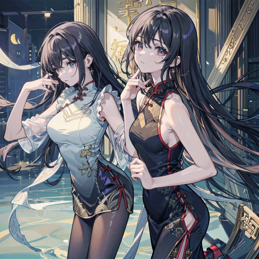 A girl with curly navy blue hair, her green eyes, bigger chest for a 16 year old girl, the figure of a gymnast, White skin, a green dress with blue, frightened, in a city at night