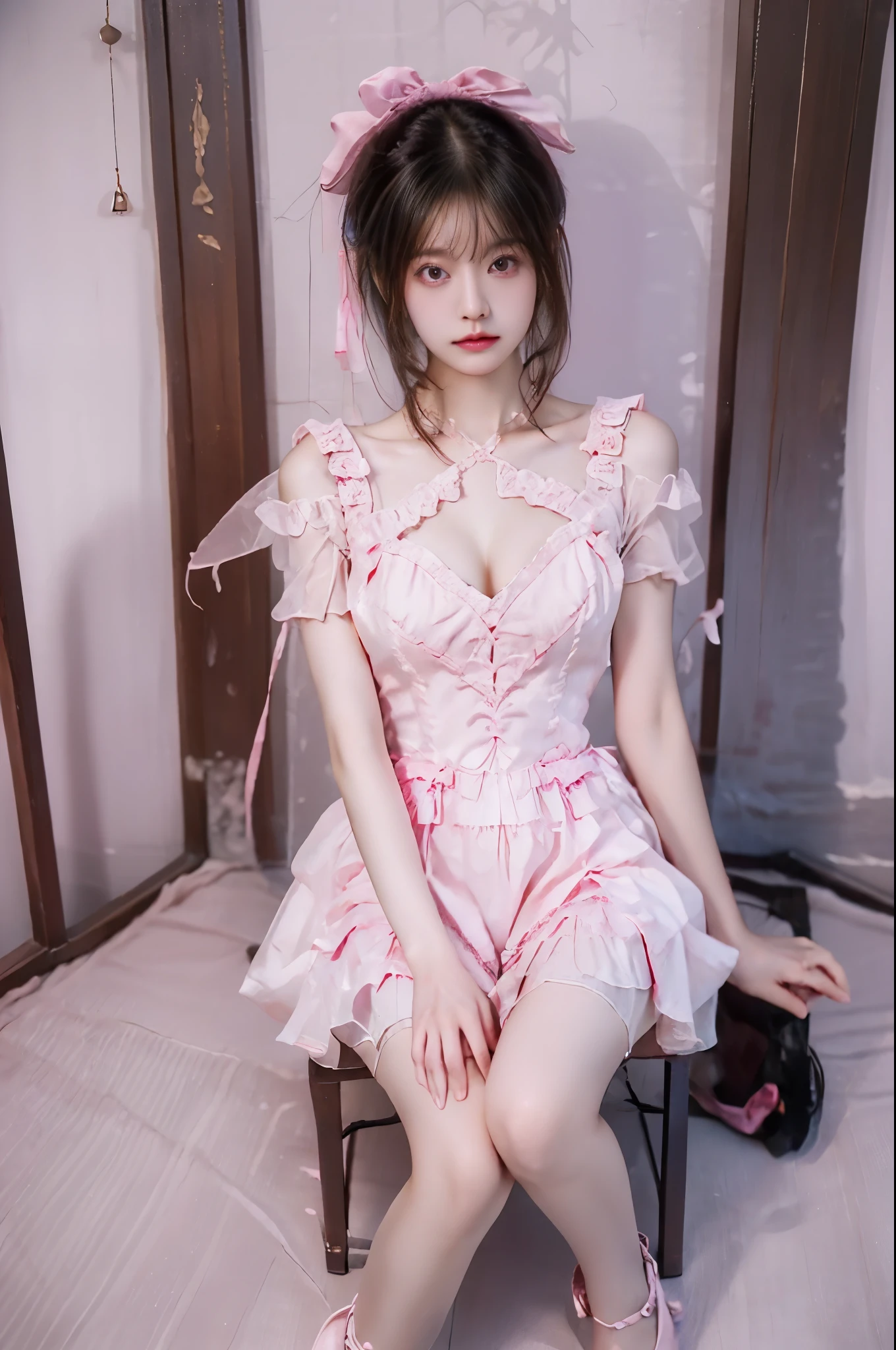 cyb dress, pink dress, frills, see-through short sleeves, wrist cuffs (best quality,Extremely detailed:1.2), ((I-type Valley)), ((Bare shoulders)), ((Visible cleavage)), ((full body)), Random scenes, Random shooting angles,Asian Models,beautiful,young,Chinese Beauty,Sitting,masterpiece,Delicate face,Slim body,Long legs