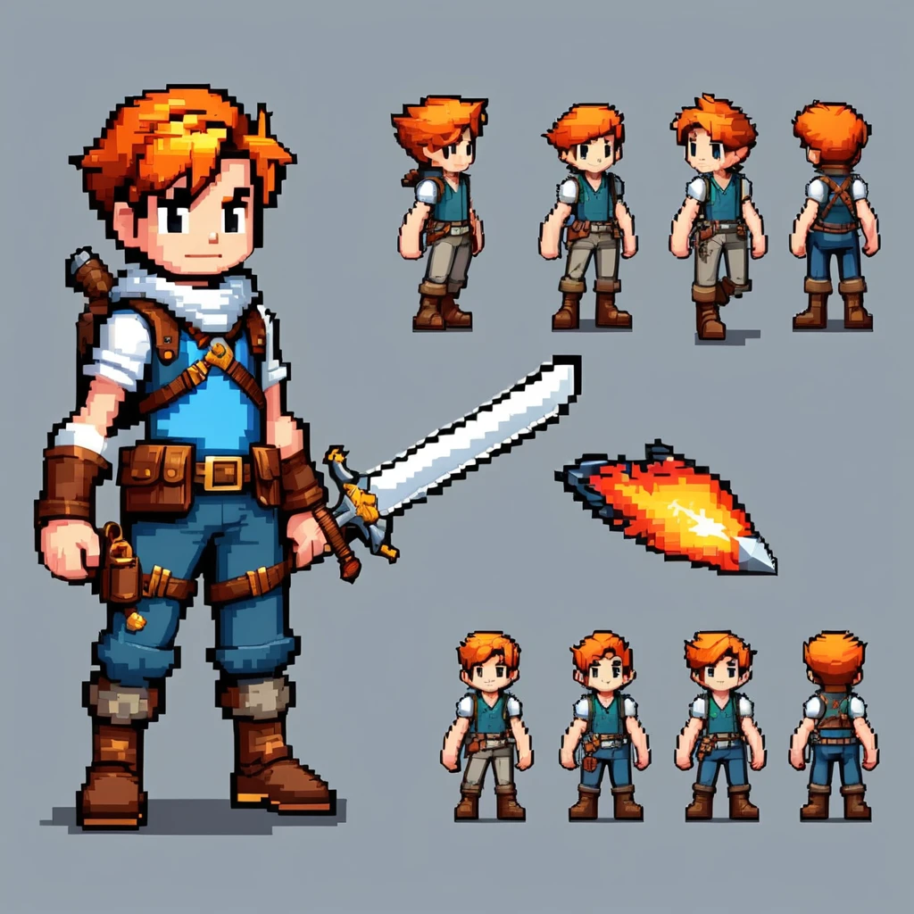 Pixel art,pixel art,Create an original character design sheet,main character of the game,boy,juvenile,adventurer&#39;s outfit,natural perm,musical instrument,bard,((3 views,whole body, background,multiple views,High resolution)),multiple views,multiple poses,Active,action pose,dynamic,nice,cute,masterpiece,highest quality,In detail,Gracefully,RPG,Famicom,Multiple characters,multiple outfits,Final Fantasy,boldly,ASSASIN , BLACK COAT , HUNTER, GEARED ANDVENTURER