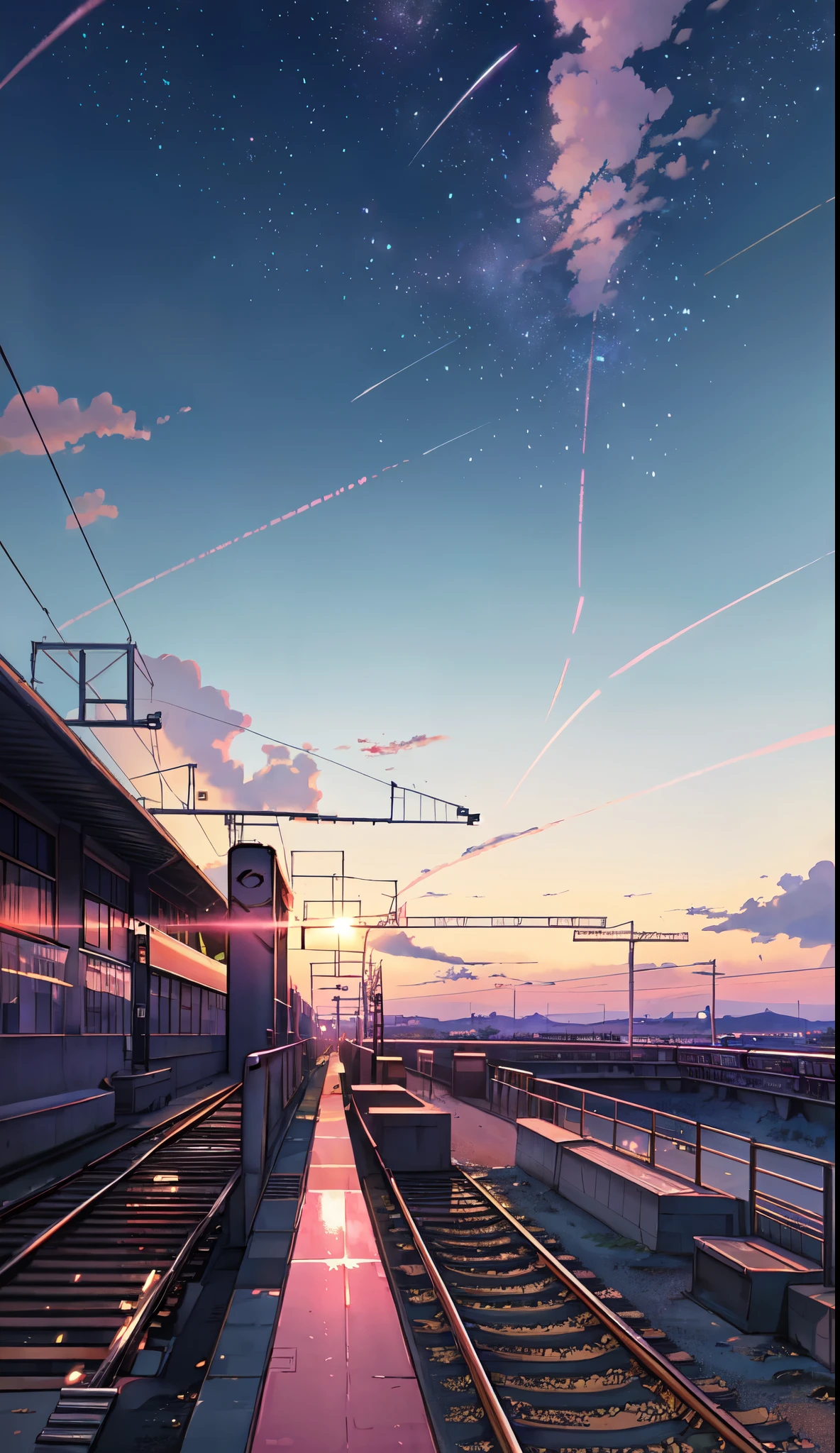 anime scene of a train passing under a pink and purple sky, an anime drawing by Makoto Shinkai, trending on pixiv, magical realism, beautiful anime scene, cosmic skies. by makoto shinkai, ( ( makoto shinkai ) ), by makoto shinkai, anime background art, style of makoto shinkai
