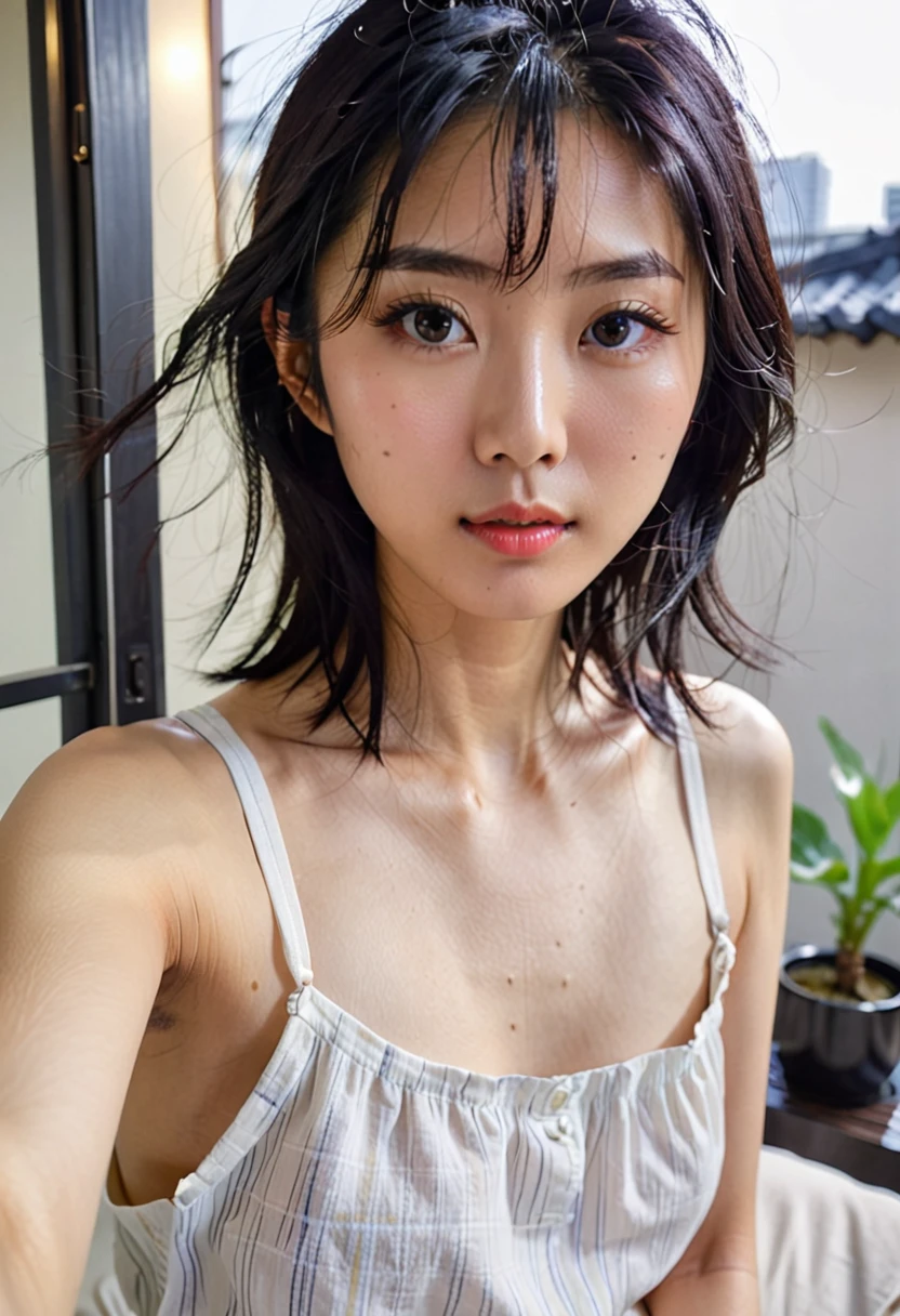 Japanese women、30 years old、(Selfie style:1.2)、Upper body projection、Black Hair、Random hairstyle、Narrow eyes、No makeup、Professional and delicate black eyes、Delicate skin、Rough skin、Random and subtle background、Random Face、(shirt:1.5)、(Random Face:1.7)、dry skin、Busaic face、Highest quality、Highest quality、Completely naked:1.5