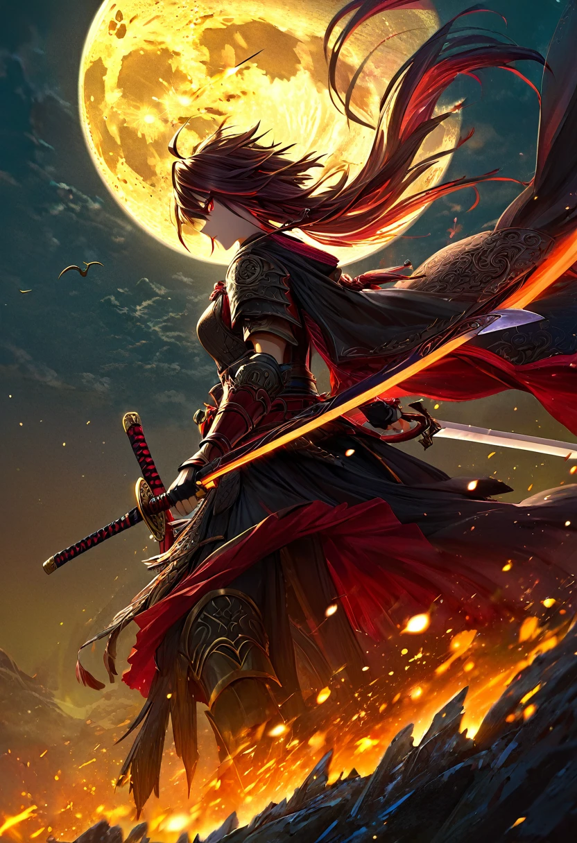 a warrior holding a blazing red sword, a golden dragon flying up in the background, a big moon behind the dragon, detailed warrior, detailed dragon, detailed sword, detailed moon, cinematic lighting, dramatic lighting, epic fantasy, dark fantasy, vibrant colors, highly detailed, 8k, ultra-detailed, masterpiece, photorealistic