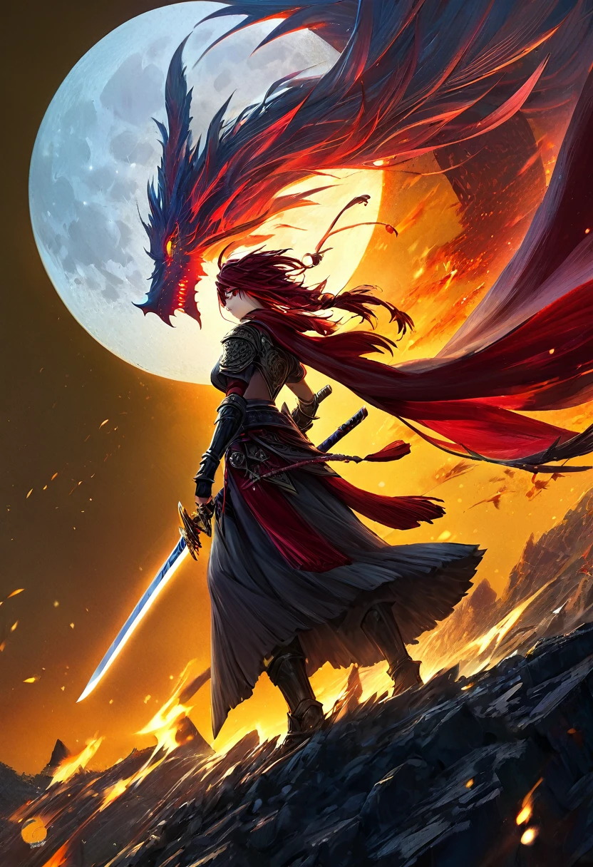 a warrior holding a blazing red sword, a golden dragon flying up in the background, a big moon behind the dragon, detailed warrior, detailed dragon, detailed sword, detailed moon, cinematic lighting, dramatic lighting, epic fantasy, dark fantasy, vibrant colors, highly detailed, 8k, ultra-detailed, masterpiece, photorealistic