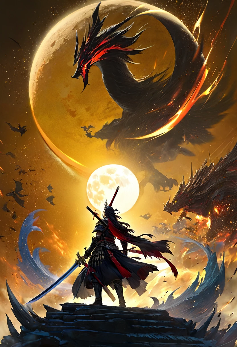 a warrior holding a blazing red sword, a golden dragon flying up in the background, a big moon behind the dragon, detailed warrior, detailed dragon, detailed sword, detailed moon, cinematic lighting, dramatic lighting, epic fantasy, dark fantasy, vibrant colors, highly detailed, 8k, ultra-detailed, masterpiece, photorealistic