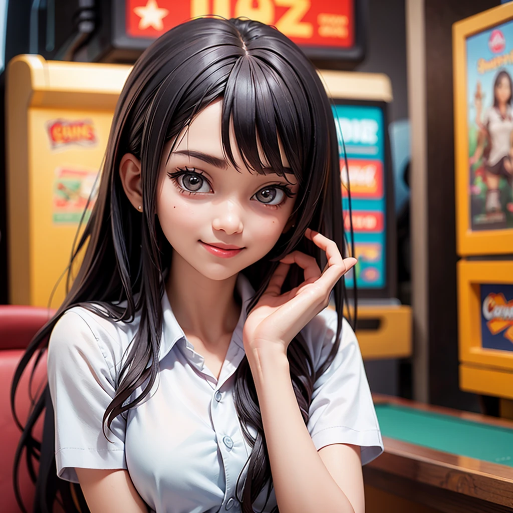 happy and smile indonesian girl wearing high  gambling in slot machines casino