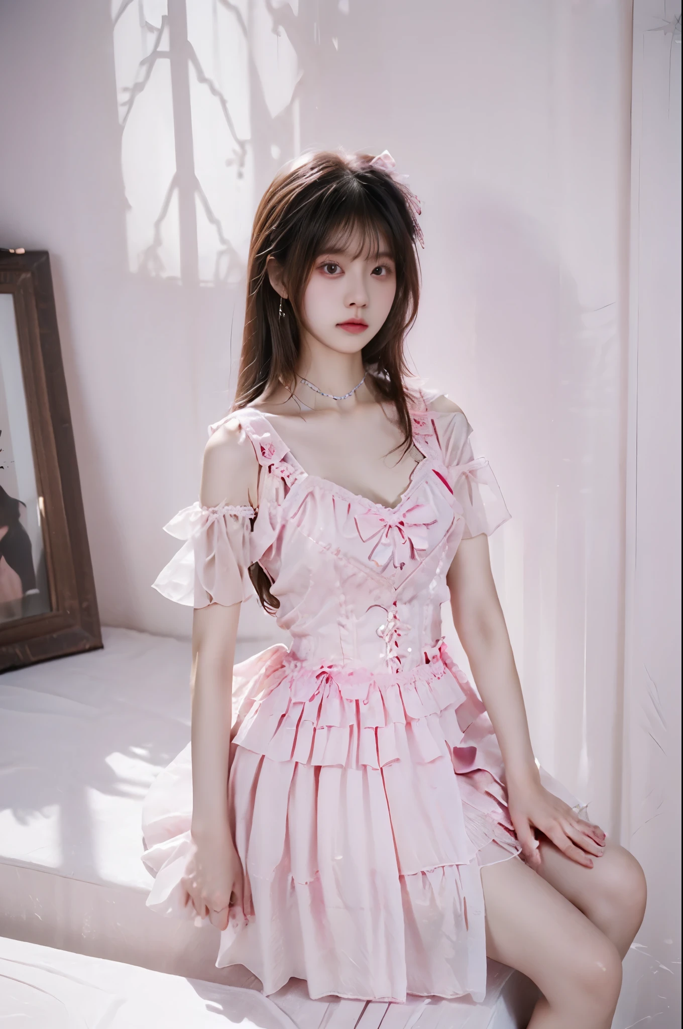 cyb dress, pink dress, frills, see-through short sleeves, wrist cuffs (best quality,Extremely detailed:1.2), ((I-type Valley)), ((Bare shoulders)), ((Visible cleavage)), ((full body)), Random scenes, Random shooting angles,Asian Models,beautiful,young,Chinese Beauty,Sitting,masterpiece,Delicate face,Slim body,Long legs