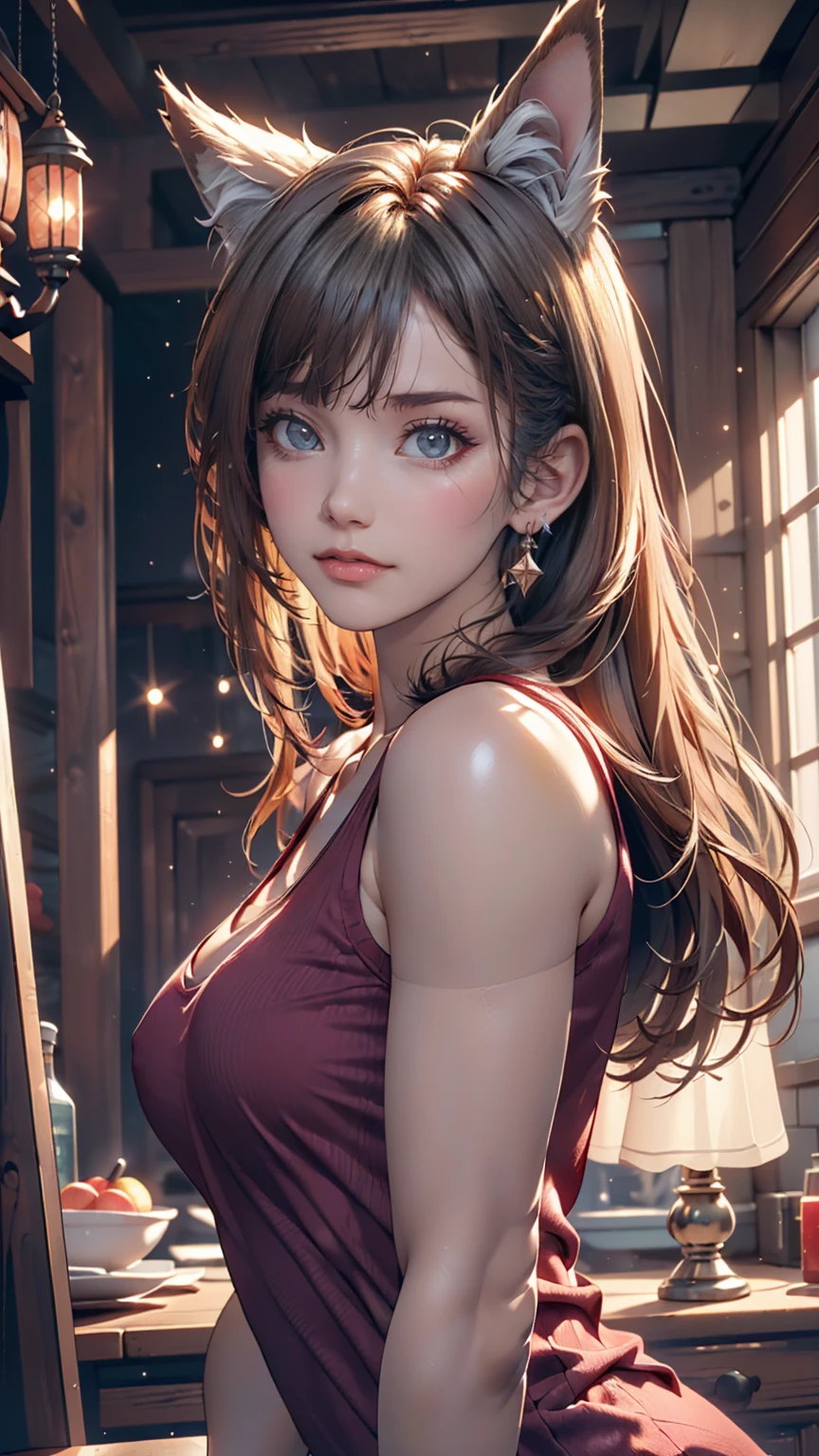 1 Girl, Medium sized breasts, Starry Eyes, (8K, RAW Photos, High sensitivity, Highest quality, masterpiece, Ultra High resolution, realism: 1.25), blush, (非常にdetailedなCGユニティ8K壁紙, Highest quality, High resolution: 1.2), (Ultra_detailed, 超High resolution: 1.2), Perfect lighting, Individuality, (1 Girl: 1.4), (pretty girl: 1.2), Unreal Engine, Side light, Gray Hair, Fox Ears, Purple eyes, Perfect Face, detailedな顔, Perfect body, Beautiful Eyes, Beautiful Face, (Light Skin: 1.4), Idol, (whole body), Red T-shirt, transparent,