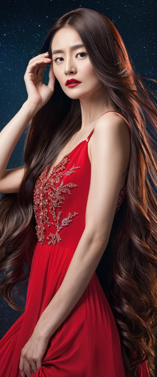 a woman with long hair and a red dress is holding her head, #illustration, by André Castro, illustration style, inspired by Itō Shinsui, by Pedro Pedraja, by Rose Henriques, by Kaja Foglio, illustration art, in a kimono, by Sergio Burzi, by Francis Souza, by Ayako Rokkaku