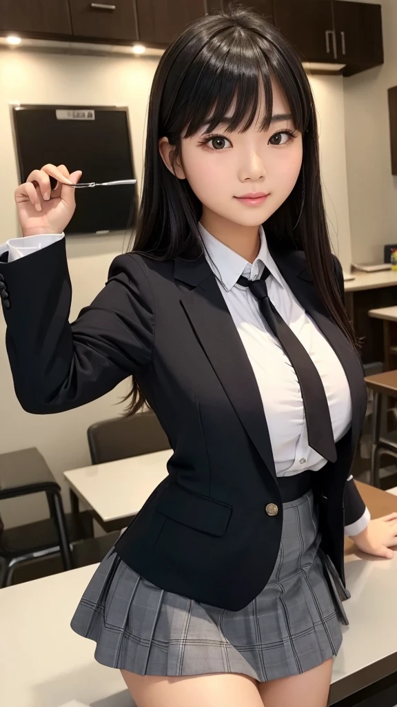 ((high quality)), ((Tabletop)), (Detailed face), (highlight), Asian Girl、Big breasts、thigh、Black Hair、Heavy bangs、high school girl、skirt、blazer、