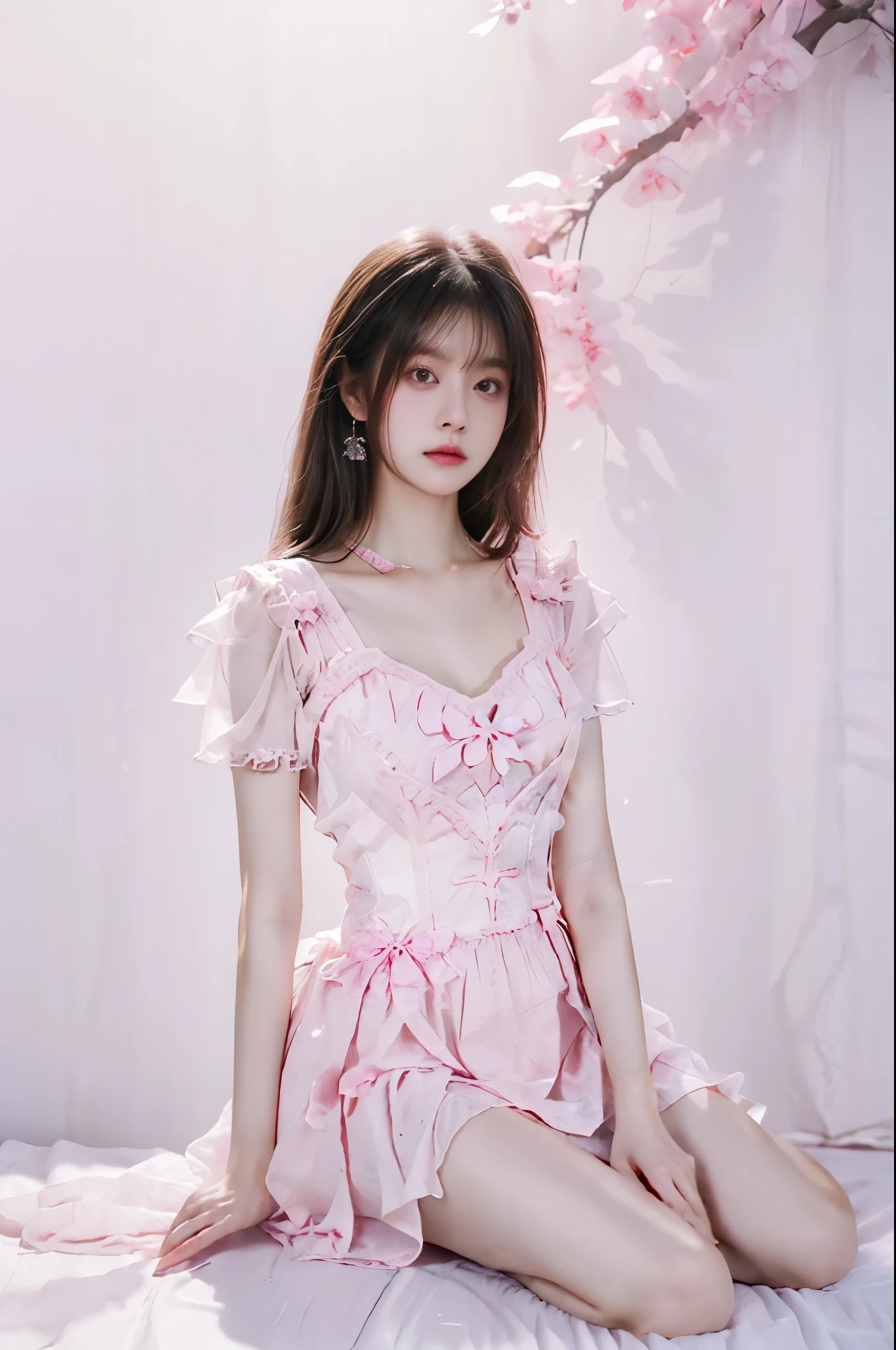 cyb dress, pink dress, frills, see-through short sleeves, wrist cuffs (best quality,Extremely detailed:1.2), ((I-type Valley)), ((Bare shoulders)), ((Visible cleavage)), ((full body)), Random scenes, Random shooting angles,Asian Models,beautiful,young,Chinese Beauty,Sitting,masterpiece,Delicate face,Slim body,Long legs