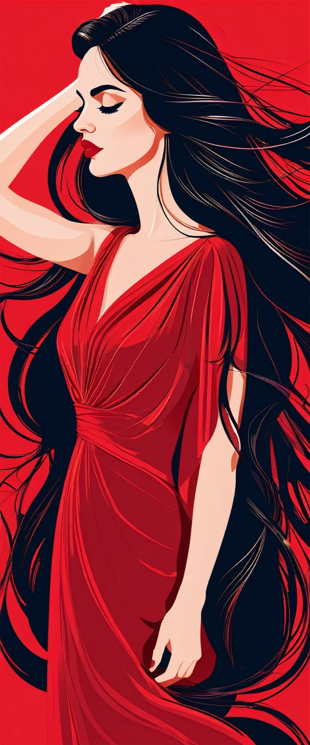 a woman with long hair and a red dress is holding her head, vector art by André Castro, trending on behance, digital art, #illustration, illustration style, in a kimono, illustration art, a beautiful artwork illustration, digital art illustration, flat illustration, in kimono, fabulous illustrations, in style of digital illustration, colorfull illustration, art illustration