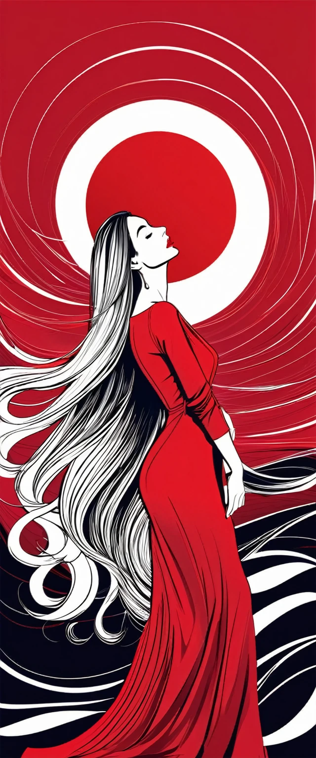 a woman with long hair and a red dress is holding her head, vector art by André Castro, trending on behance, digital art, #illustration, illustration style, in a kimono, illustration art, a beautiful artwork illustration, digital art illustration, flat illustration, in kimono, fabulous illustrations, in style of digital illustration, colorfull illustration, art illustration