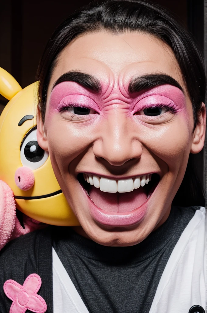 Make a pink happy alien with 3 black eyes. Make him hugging his friend who has a yellow smiley face