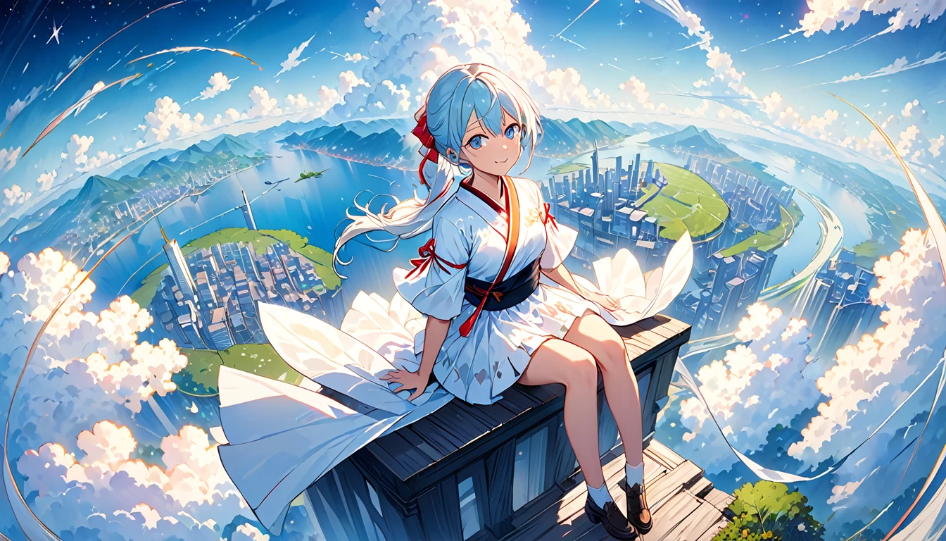 [(White background:1.5)、::5]、masterpiece、Highest quality、Official Art、An illustration、Ligne Claire、(dream-like)、(colorful:1.3)、Perfect composition、Absurd、Intricate details、Fantasy、focus、(At high pressure)、I can't see the ground、(Above the Clouds:1.4)、(Finely detailed modern lost_city:1.3)、(Above the Cloudsにそびえ立つlost_city:1.2)、narrative poem、(focus_girl:1.4)、(Girl on top of the city of broken bridges)、 Three-part method、white_Jacket and white_shirt,black_beltskirt,very_long_hair,beside,Light blue hair,overhead_viewer,The wind blows to the viewer,side_face,(The ground is starry_sky),smile,Sitting,(depth_of_field),Shiina Mahiru,Eyes