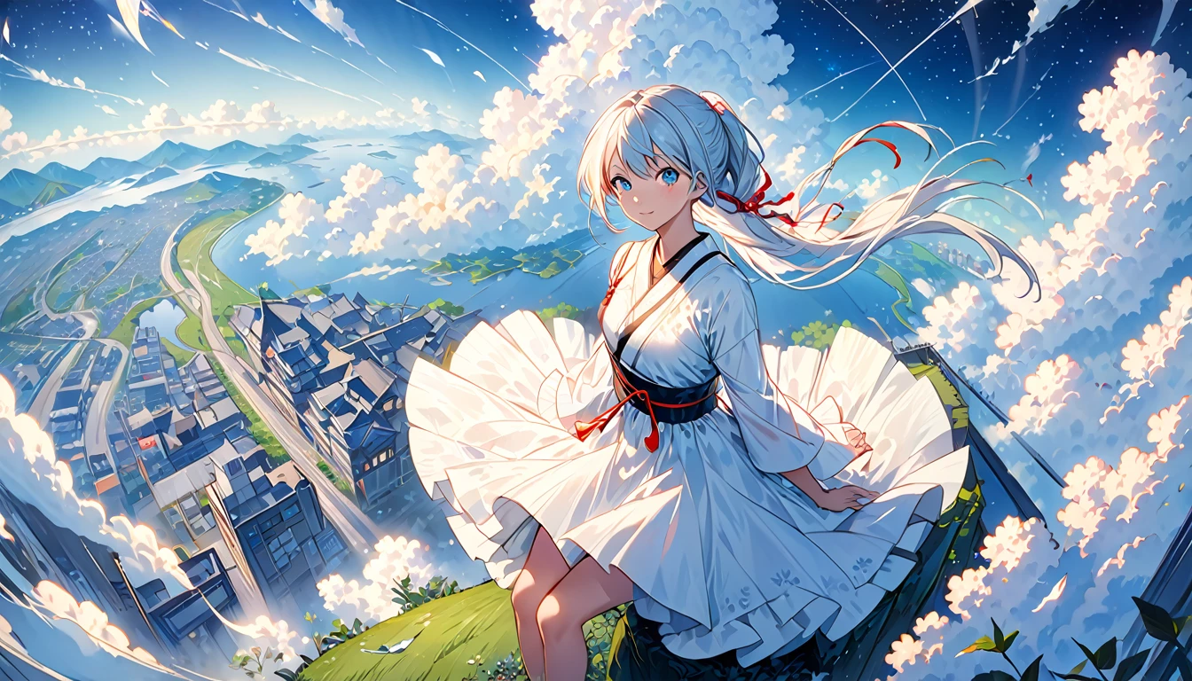 [(White background:1.5)、::5]、masterpiece、Highest quality、Official Art、An illustration、Ligne Claire、(dream-like)、(colorful:1.3)、Perfect composition、Absurd、Intricate details、Fantasy、focus、(At high pressure)、I can't see the ground、(Above the Clouds:1.4)、(Finely detailed modern lost_city:1.3)、(Above the Cloudsにそびえ立つlost_city:1.2)、narrative poem、(focus_girl:1.4)、(Girl on top of the city of broken bridges)、 Three-part method、white_Jacket and white_shirt,black_beltskirt,very_long_hair,beside,Light blue hair,overhead_viewer,The wind blows to the viewer,side_face,(The ground is starry_sky),smile,Sitting,(depth_of_field),Shiina Mahiru,Eyes