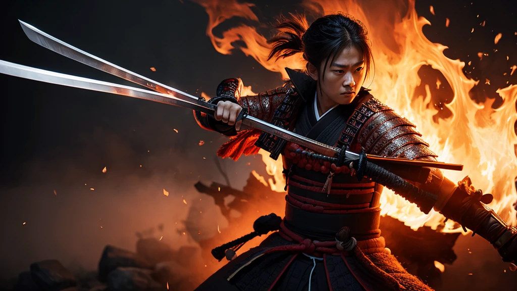 Samurai with a sword, Realistic Effects, Blur the background, 8K, Burning Fire,Japanese men
