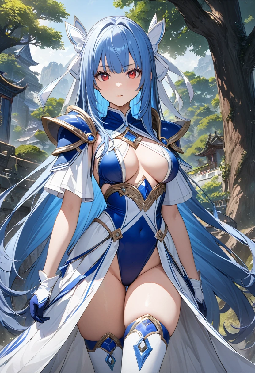 Highest quality、unity 8k wallpaper、32k、masterpiece、Very detailed、Ultra-high resolution、Very detailedな顔, RAW Photos, Professional, Ultra-fine painting, Blue long straight hair、Red Eyes、(Tree Eyes), Cool and sharp features, Hime cut, 20~A female magical warrior, about 24 years old.、Blue and white leotard、White pleated skirt with blue lines、Half puff sleeves with shoulder pads、A large white ribbon with a large sapphire on the chest、White and blue long gloves、White and blue thigh-high stiletto boots、whole body