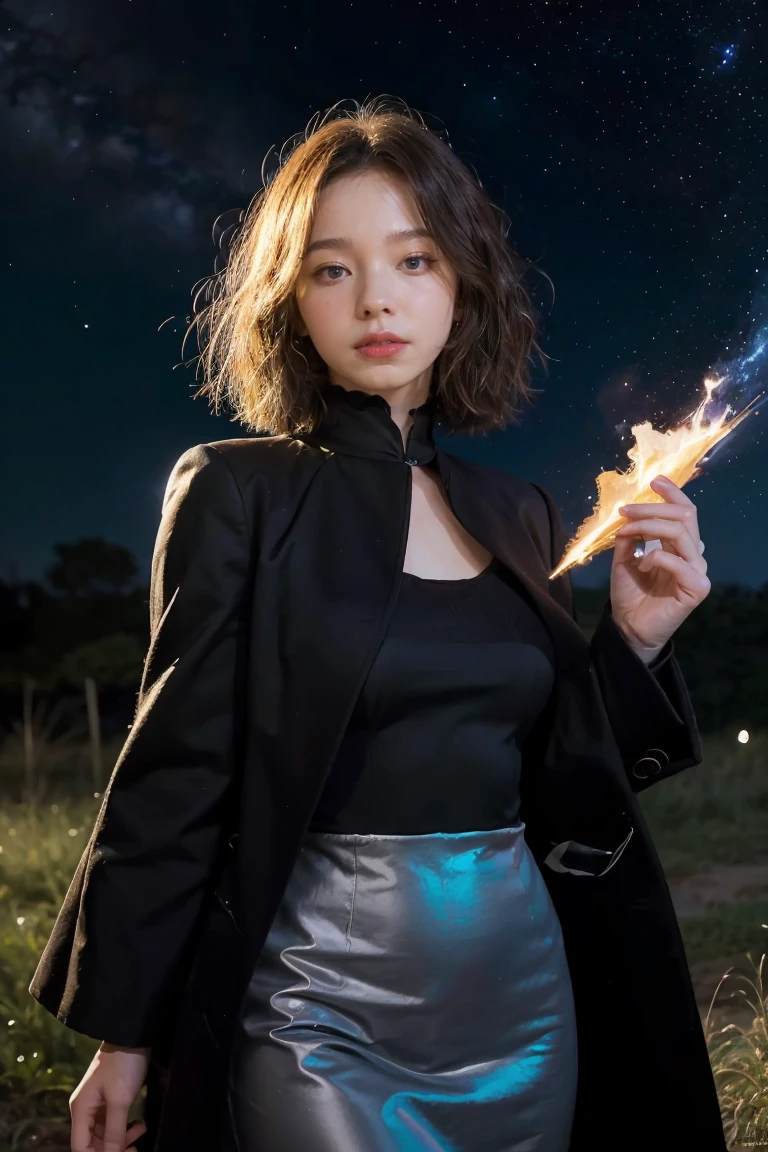 8K resolution, masterpiece, Highest quality, Award-winning works, unrealistic, From above, erotic, sole sexy lady, healthy shaped body, 22 years old, black mage, 165cm tall, huge firm bouncing busts,, white silver long wavy hair, Detailed facial depictions, BREAK, Mysterious blue eyes, Standard nose, Eyeliner, pink lips, sexy long legs, Clear skin, holy knight, Gothic ruffle long dress, A dress with a complex structure, Seven-colored colorful dress, Clothed in flames, royal coat of arms, elegant, Very detailed, Delicate depiction of hair, miniature painting, Digital Painting, artstation concept art, Smooth, Sharp focus, shape, Art Jam、Greg Rutkowski、Alphonse Mucha's、William Adolphe Bouguereau、art:Stephanie Law , Royal Jewel, nature, Symmetric, Greg Rutkowski, Charlie Bowwater, Unreal, surreal, Dynamic Lighting, Fantasy art, Complex colors, Colorful magic circle, flash, dynamic sexy poses, A kind smile, Mysterious Background, Aura, A gentle gaze, BREAK, Small faint lights and flying fireflies, night, lanthanum, From above, looking down on the world below, Starry Sky, milky way, nebula, shooting star