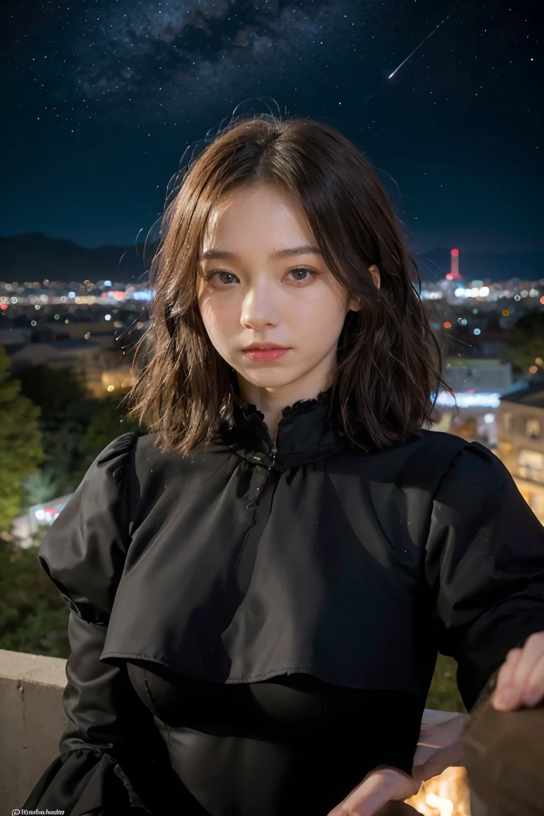 8K resolution, masterpiece, Highest quality, Award-winning works, unrealistic, From above, erotic, sole sexy lady, healthy shaped body, 22 years old, black mage, 165cm tall, huge firm bouncing busts,, white silver long wavy hair, Detailed facial depictions, BREAK, Mysterious blue eyes, Standard nose, Eyeliner, pink lips, sexy long legs, Clear skin, holy knight, Gothic ruffle long dress, A dress with a complex structure, Seven-colored colorful dress, Clothed in flames, royal coat of arms, elegant, Very detailed, Delicate depiction of hair, miniature painting, Digital Painting, artstation concept art, Smooth, Sharp focus, shape, Art Jam、Greg Rutkowski、Alphonse Mucha's、William Adolphe Bouguereau、art：Stephanie Law , Royal Jewel, nature, Symmetric, Greg Rutkowski, Charlie Bowwater, Unreal, surreal, Dynamic Lighting, Fantasy art, Complex colors, Colorful magic circle, flash, dynamic sexy poses, A kind smile, Mysterious Background, Aura, A gentle gaze, BREAK, Small faint lights and flying fireflies, night, lanthanum, From above, looking down on the world below, Starry Sky, milky way, nebula, shooting star