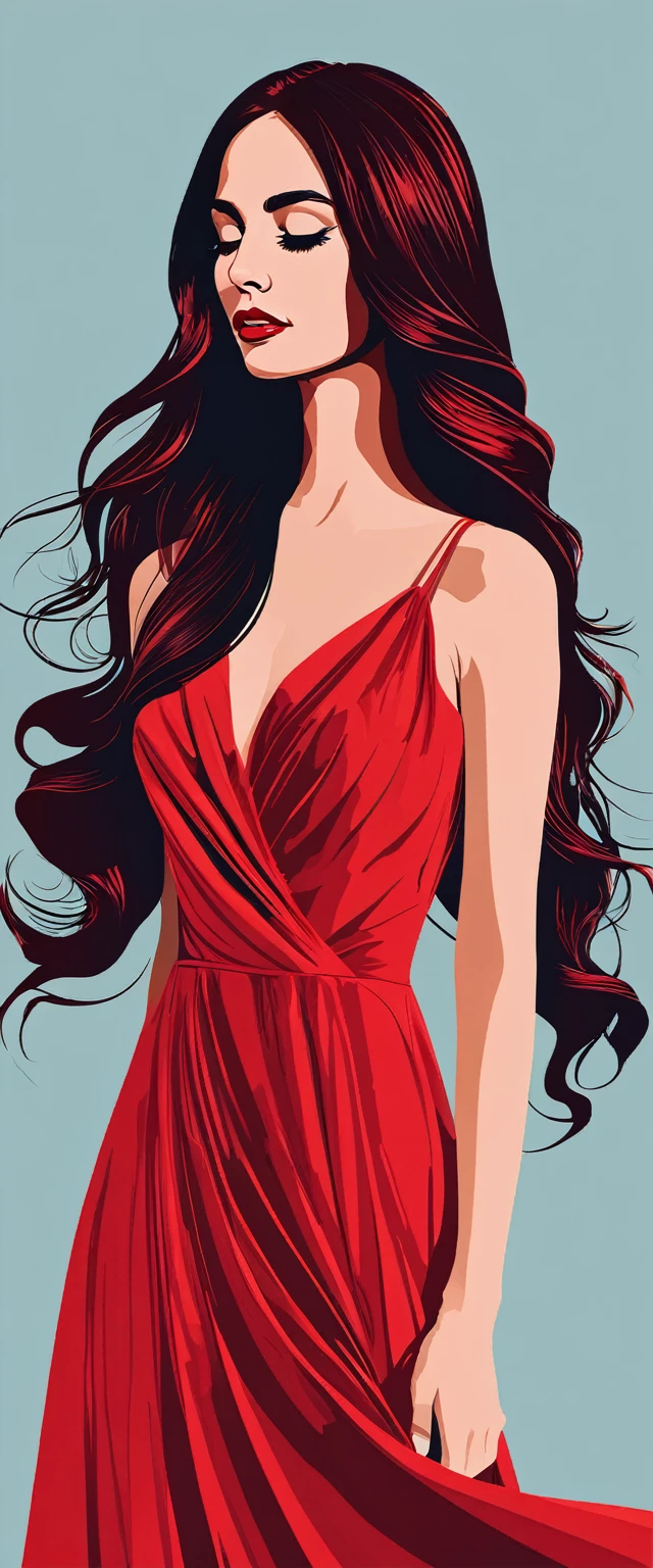 a woman with long hair and a red dress is holding her head, vector art by André Castro, trending on behance, digital art, #illustration, illustration style, in a kimono, illustration art, a beautiful artwork illustration, digital art illustration, flat illustration, in kimono, fabulous illustrations, in style of digital illustration, colorfull illustration, art illustration