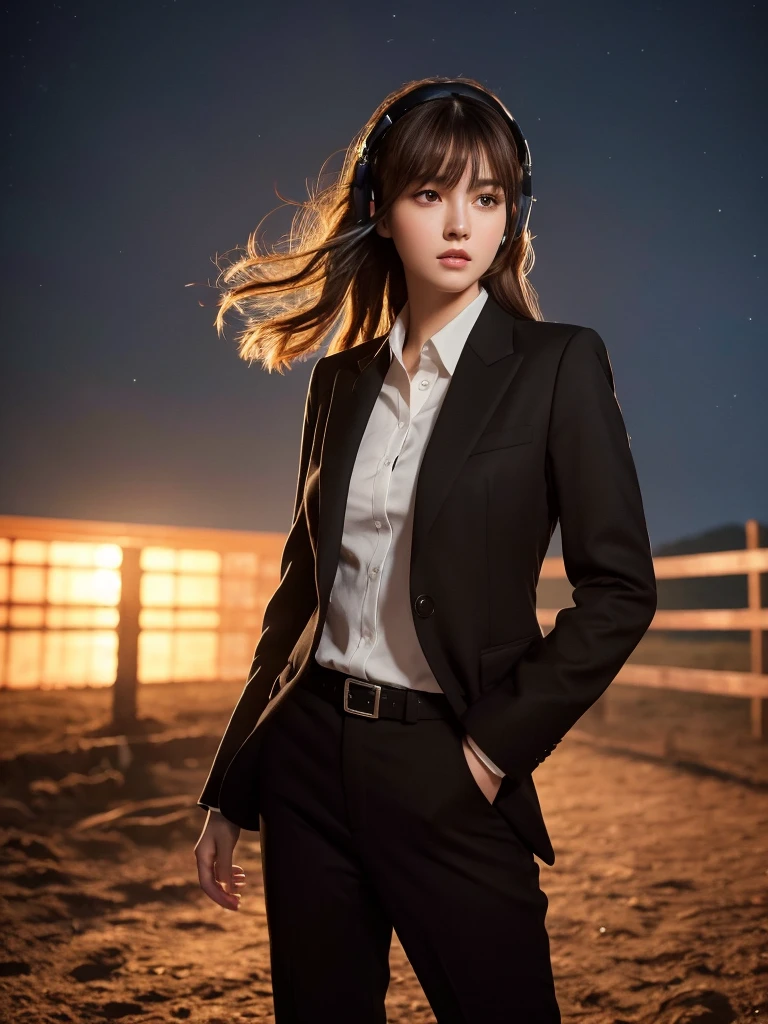 Highest quality,masterpiece,Ultra-high resolution,(Realistically:1.4),RAW Photos,One girl,Brown Hair、bangs,Brown eyes,Detailed eyes and face,Black suit,Dynamic Lighting,Dark Night,Dark shading,Low Tone,Cowboy takes a full body shot,Aurora Background,headset