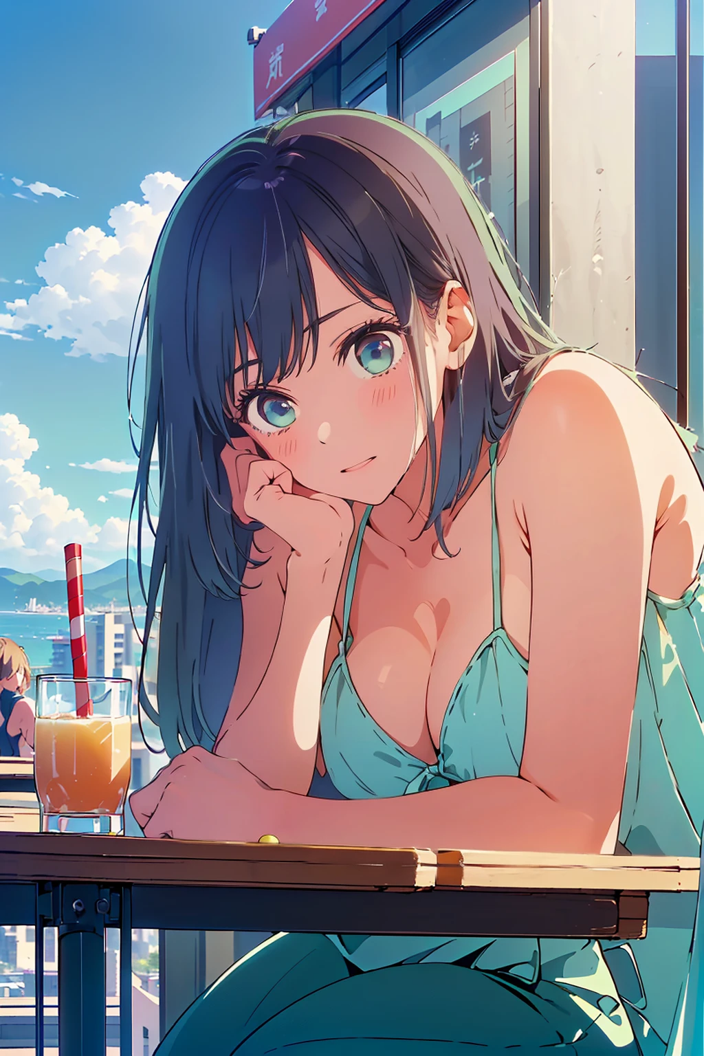 (Highest quality:1.4、masterpiece:1.4、Super detailed:1.4、Ultra-high resolution:1.4、8K:1.4)、F cup bust、Big Breasts、Slim body、((((1 person、Surprised expression、sit、Chair、In the background are the urban buildings of Tokyo、looking at the camera、Outdoor café terrace、coastal、juice、Shooting from an angle、Shooting up close、table、Very cute face))))、(Pose with hands tucked behind ears:1.4、Cheek resting on hand:1.4)、((nude、very beautiful areola))、bikini、Very blue sky、A completely cloudless sky