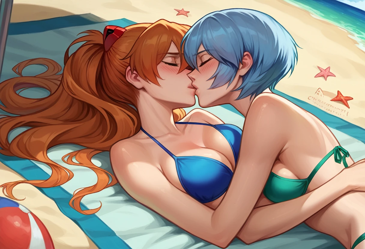 score_9, score_8_up, score_8_up, source_anime, 2girls, (Asuka Langley Soryu, orange hair, long flowing hair, hair ornament:1.0), (Rei Ayanami, blue hair, short bob hair:1.0), girlfriends, naked, beach, outdoors, laying, hugging, fingering, vaginal penetration, kissing, blush.