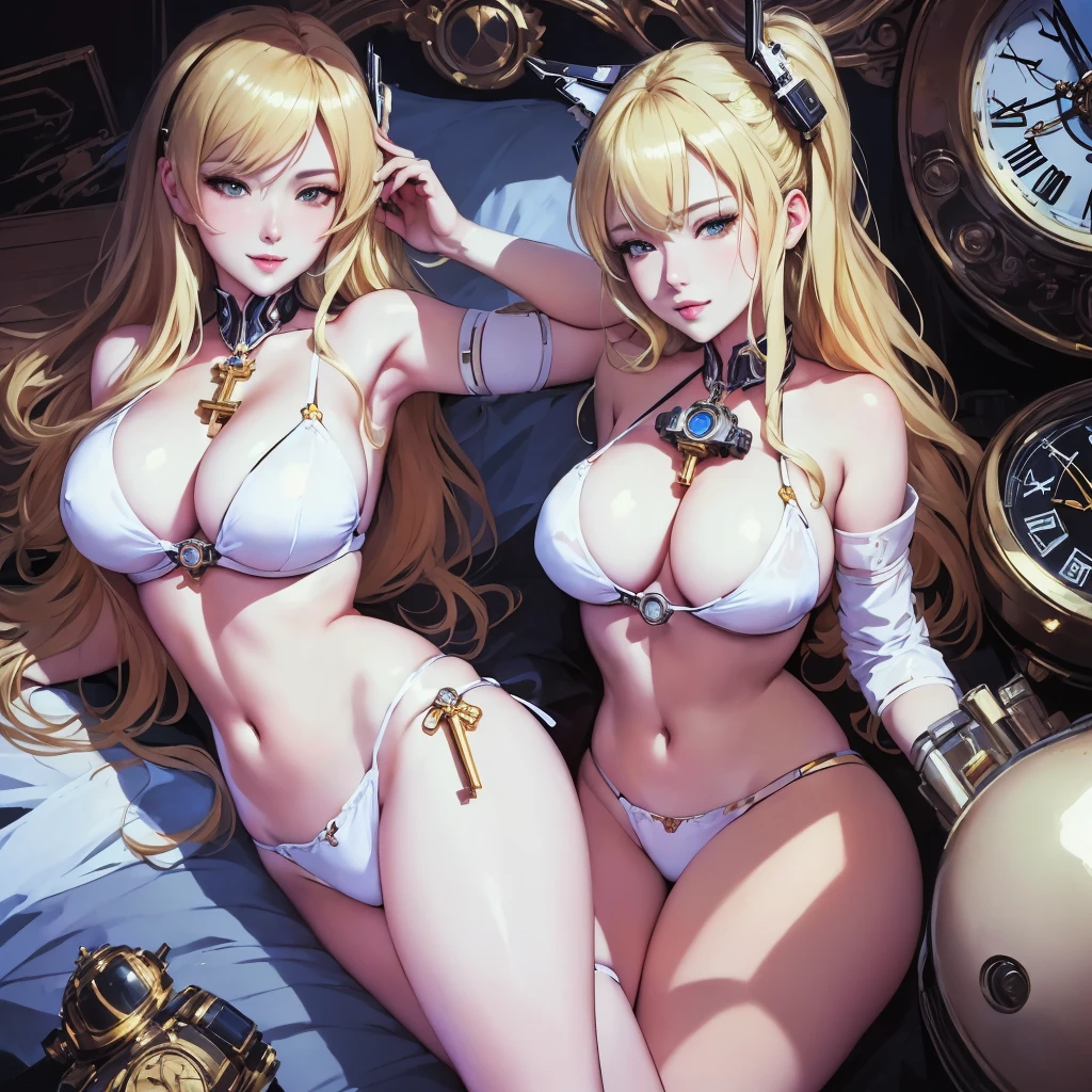 Blonde woman in bikini lying on bed with clock, cute sexy robots, Kuchart Krenz Key Art Feminine, Beautiful, charming anime women, [ digital art 4k ]!!, Charming anime girl, From the video game Azur Lane, extremely detailed Argerm, kentaro miura art, Argerm. anime illustration