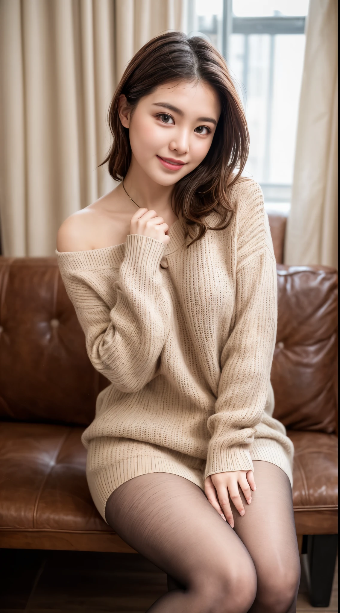 (((masterpiece))), (((Highest quality: 1.4))), ((Very detailed: 1.4)) , ulzzang-6500-v1.1, (RAW Photos:1.2), (Photorealistic), (Genuine:1.4), Sharp focus、Shot from the side、Off the shoulder、Realistic female college student wearing a cashmere knit dress、Ultra-realistic pantyhose:1.3、short hair、Teasing Smile、Bare thighs!!! pumps