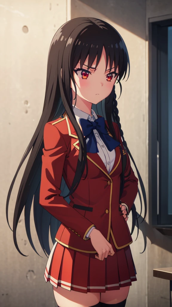 masterpiece, best quality, high resolution, best illustration, super fine illustration, (official art:0.7), (anime screencap:0.9), detailed beautiful face and eyes, anime keyvisual, (perfect anatomy:1.1), 8k portrait, 
1girl,
Suzune Horikita, 
Suzune Horikita \(youjitsu\),
long hair, braid, 
black hair, 
(red eyes:1.2), slant eyes, small eyes, 
blue bow, 
medium breasts, 
(school uniform, red jacket, white skirt, pleated skirt, black thighhighs),
looking away, 
cowboy shot, 
natural light, background of indoor, School building, dynamic pose, 