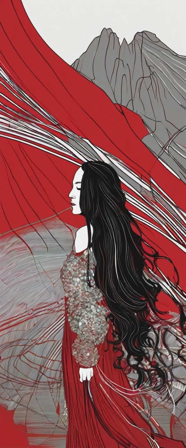 a woman with long hair and a red dress is holding her head, #illustration, by André Castro, illustration style, inspired by Itō Shinsui, by Pedro Pedraja, by Rose Henriques, by Kaja Foglio, illustration art, in a kimono, by Sergio Burzi, by Francis Souza, by Ayako Rokkaku