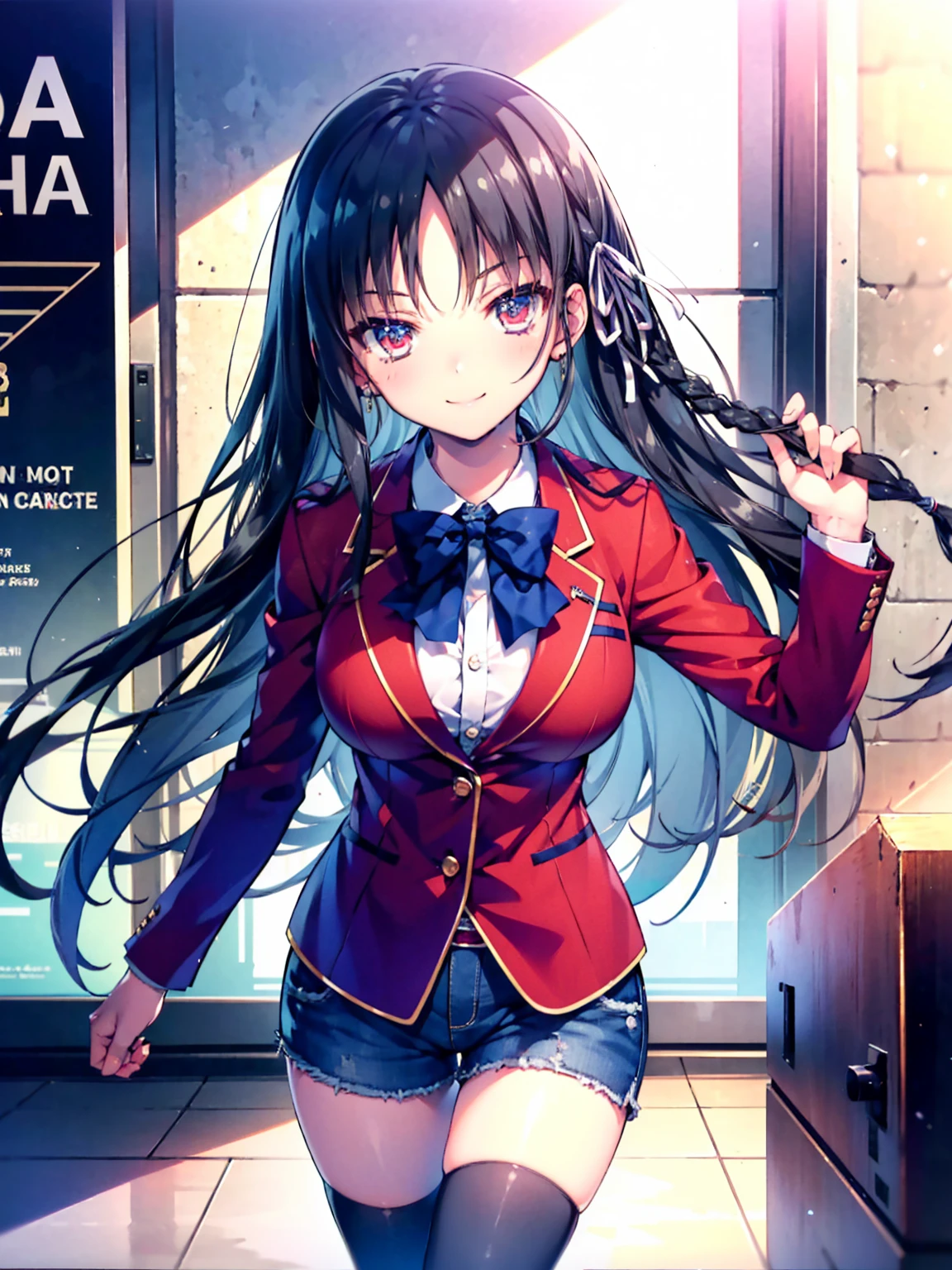 (8K, Highest quality, Highest quality, masterpiece), aasuzune, long hair, black hair, (single braid:1.2), hair ribbon, red jacket, blazer, blue bowtie, long sleeves, black thighhighs, smile, denim hot shorts, mini shorts, big breasts