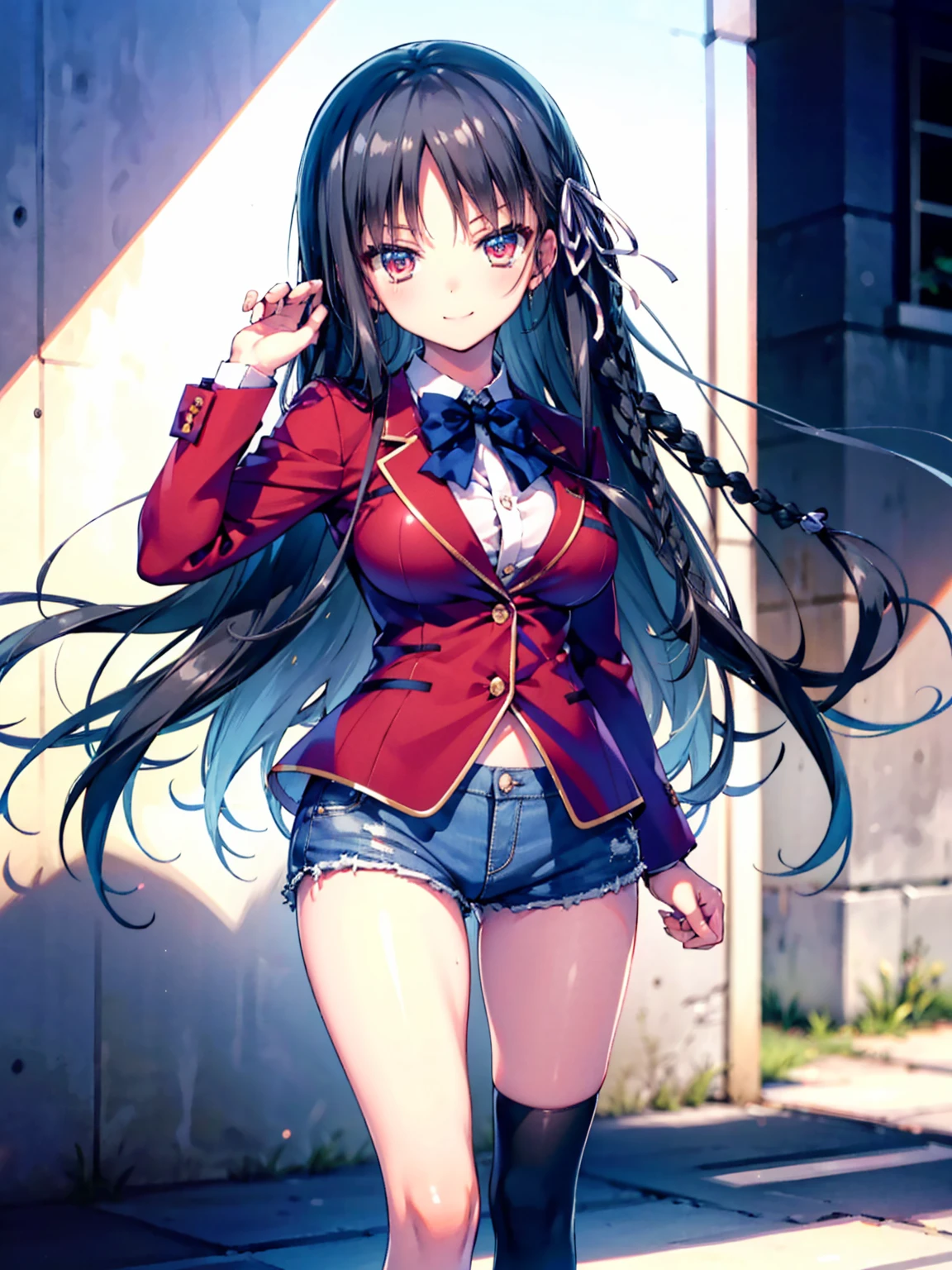 (8K, Highest quality, Highest quality, masterpiece), aasuzune, long hair, black hair, (single braid:1.2), hair ribbon, red jacket, blazer, blue bowtie, long sleeves, black thighhighs, smile, denim hot shorts, mini shorts, big breasts
