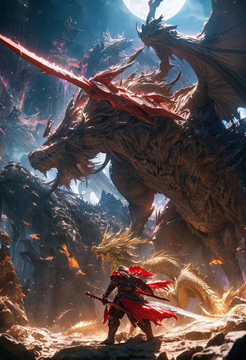 a warrior holding a blazing red sword, a golden dragon flying up in the background, a big moon behind the dragon, detailed warrior, detailed dragon, detailed sword, detailed moon, cinematic lighting, dramatic lighting, epic fantasy, dark fantasy, vibrant colors, highly detailed, 8k, ultra-detailed, masterpiece, photorealistic