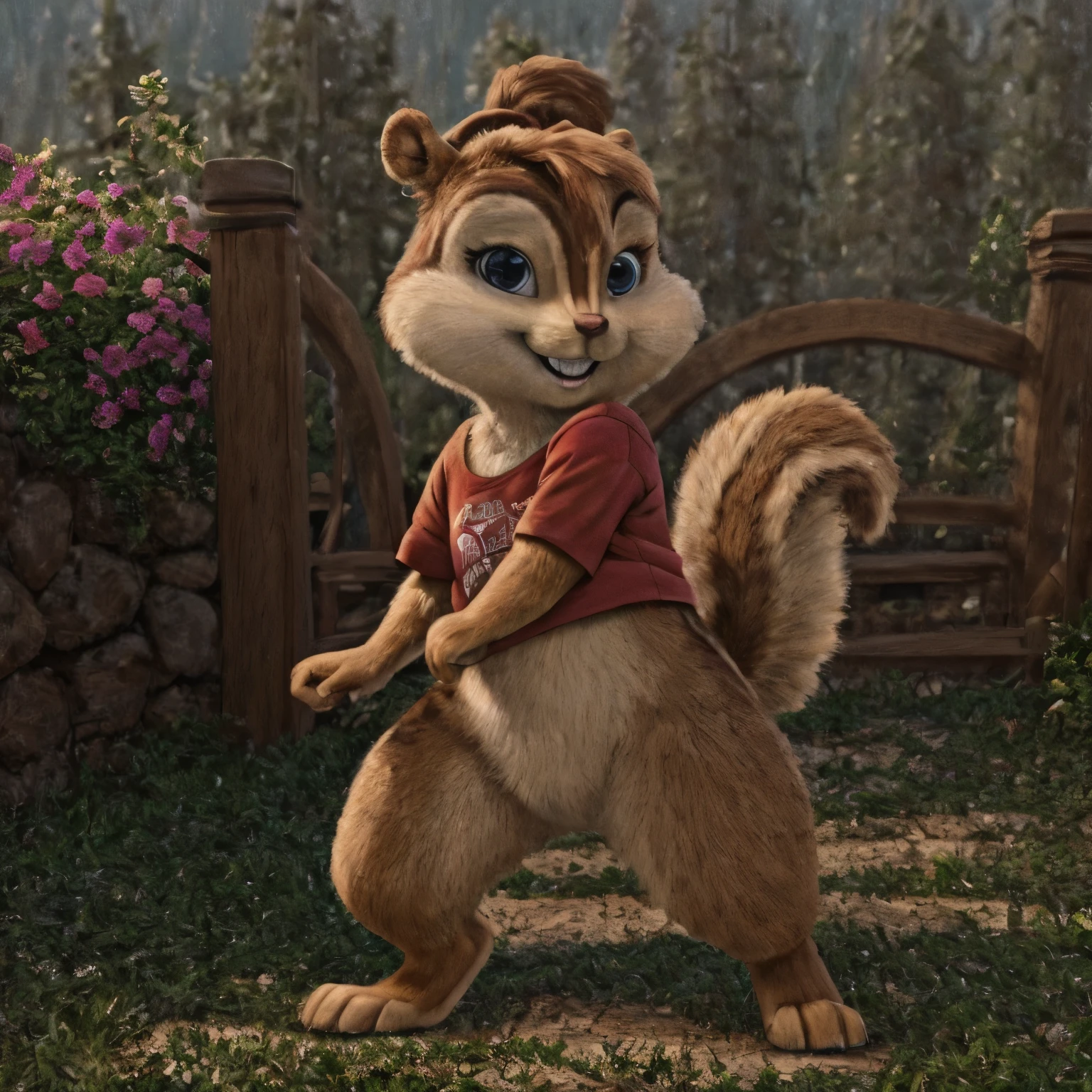 Brittany_Miller, solo, chipmunk, furry, cub, (slightly chubby:0.5), cute, (small ears), (short snout), pigtails, wearing cute pink Short T-Shirt, looking at viewer, outdoors, masterpiece, detailed background, Digitigrade, Detailed fur, perfect teeth, bottomless, No pantis, subtile smile,