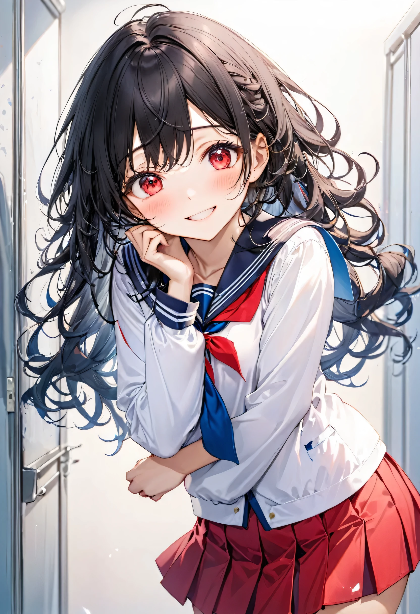 (japanese festival style) (15 yo, curly:1.3 black hair long hair cute girl, ecstasy red eyes, ecstasy:1.3 smile), (in a summer school sailor suit, skirt), (standing, Hands to mouth), break, (in the festival Changing Room), BREAK, perfect anatomy, masterpiece, best quality, 16k, beautiful detailed grow, daydreaming expression.