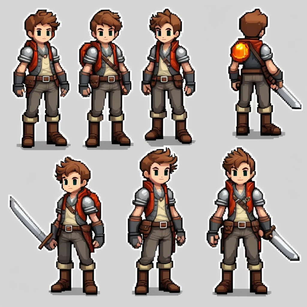 Pixel art,pixel art,Create an original character design sheet,main character of the game,boy,juvenile,adventurer's outfit,natural perm,musical instrument,bard,((3 views,whole body, background,multiple views,High resolution)),multiple views,multiple poses,Active,action pose,dynamic,nice,cute,masterpiece,highest quality,In detail,Gracefully,RPG,Famicom,Multiple characters,multiple outfits,Final Fantasy,boldly,ASSASIN , BLACK COAT , HUNTER, GEARED ANDVENTURER