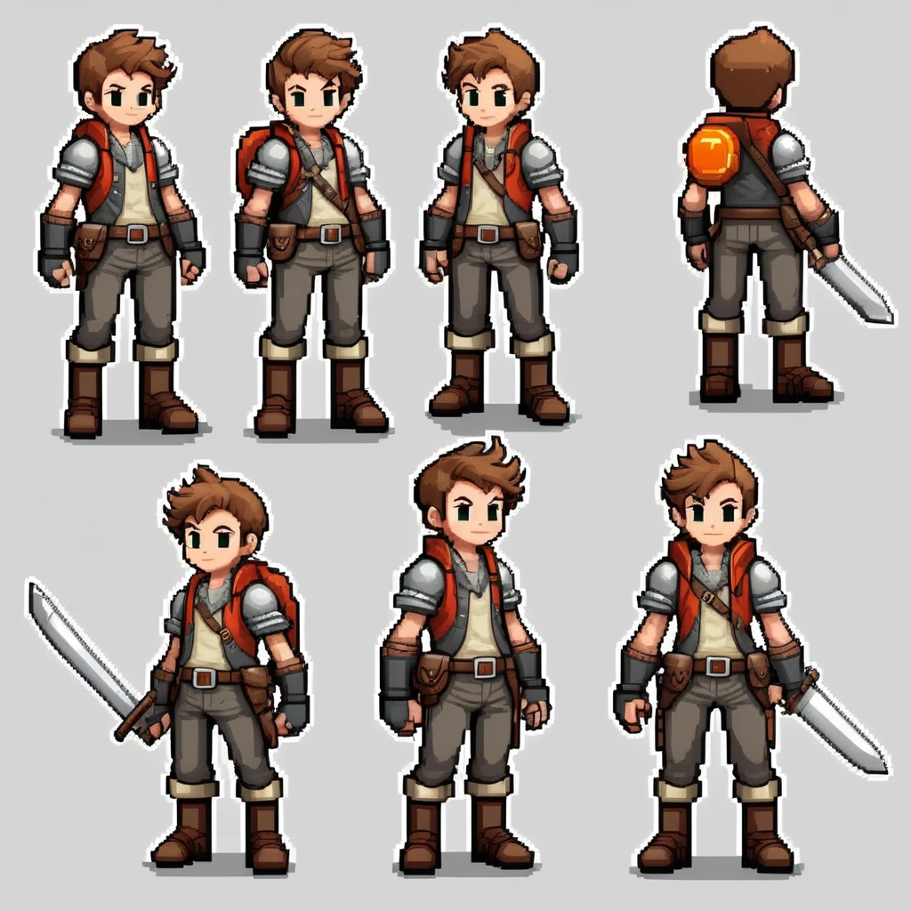 Pixel art,pixel art,Create an original character design sheet,main character of the game,boy,juvenile,adventurer's outfit,natural perm,musical instrument,bard,((3 views,whole body, background,multiple views,High resolution)),multiple views,multiple poses,Active,action pose,dynamic,nice,cute,masterpiece,highest quality,In detail,Gracefully,RPG,Famicom,Multiple characters,multiple outfits,Final Fantasy,boldly,ASSASIN , BLACK COAT , HUNTER, GEARED ANDVENTURER