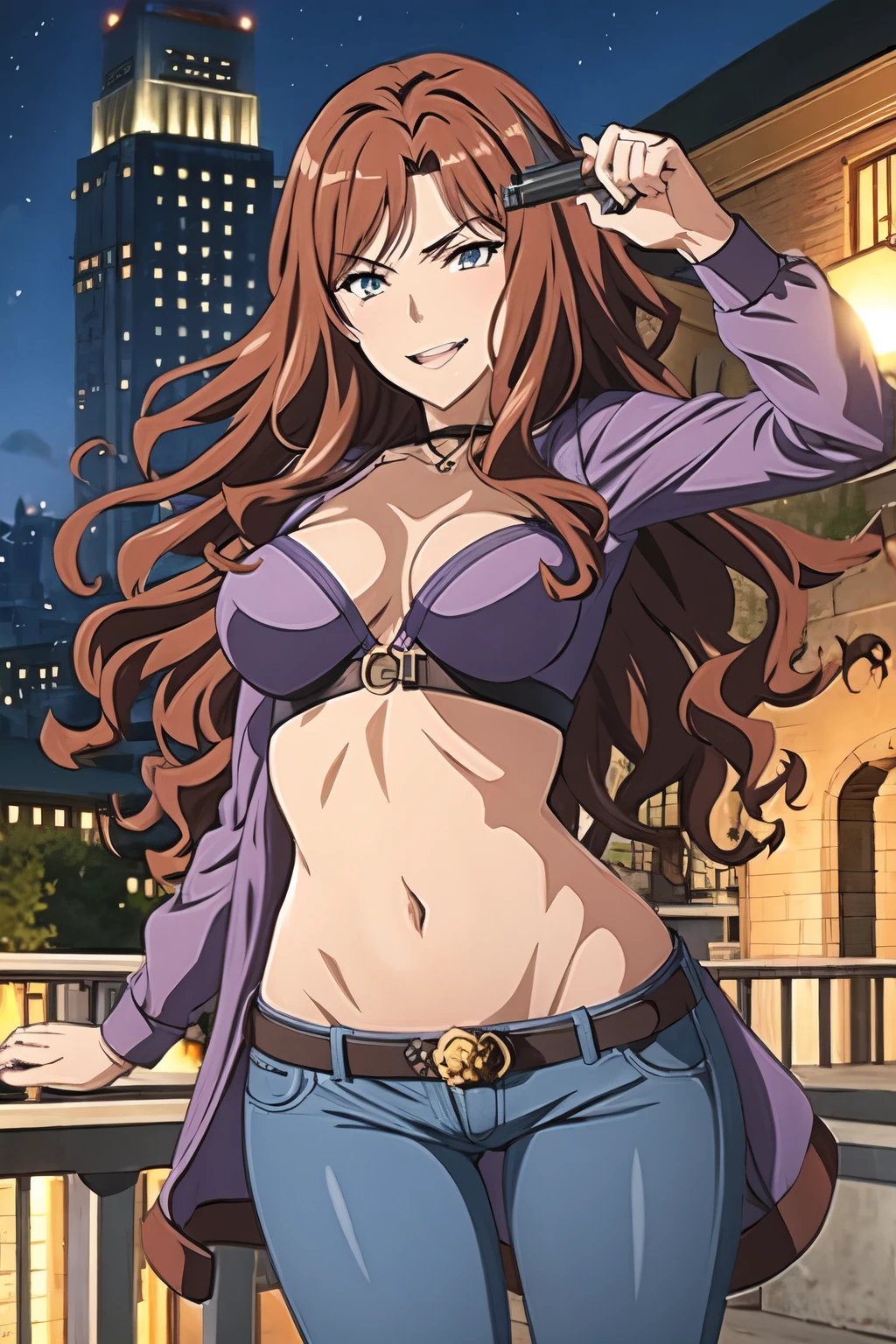 Brown Hair, Curly Hair, 1girl, 独奏, blush, lipstick, Fur trim, mature female, gloves, fur-trimmed coat, outdoors, rooftop, cityscape, building, railing, night sky, scenery, city lights, masterpiece, best quality, highly detailed, a girls with a gun, evil smile , open mouth, sexy gaze, badass
pose , evil smile, smile, (nsfw) not safe for work, guns blazing, anime girl with long hair, beautiful long
haired girl, navel, evil expression, exposed belly, exposed navel, exposed midriff, exposed lower belly,
long black pants, crop top, cleavage, unbuttoned leather pants ,open fly, low rise black leather pants,
leather jacket, holding a gun, navel piercing