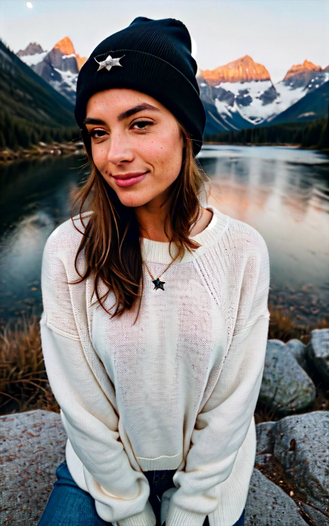 photorealistic, best quality, hyper detailed, beautiful woman, selfie photo, upper body, solo, wearing pullover, outdoors, (night), mountains, real life nature, stars, moon, (cheerful, happy), sleeping bag, gloves, sweater, beanie, flashlight, forest, rocks, river, wood, smoke, fog, clear sky, analog style, looking at viewer, skin texture, film grain, close up, ultra high res, best shadow, RAW, instagram LUT
